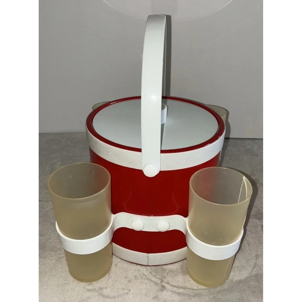 Shelton Ware Ice Bucket Cup Holders Red White Durlane Cups Vintage *flaws